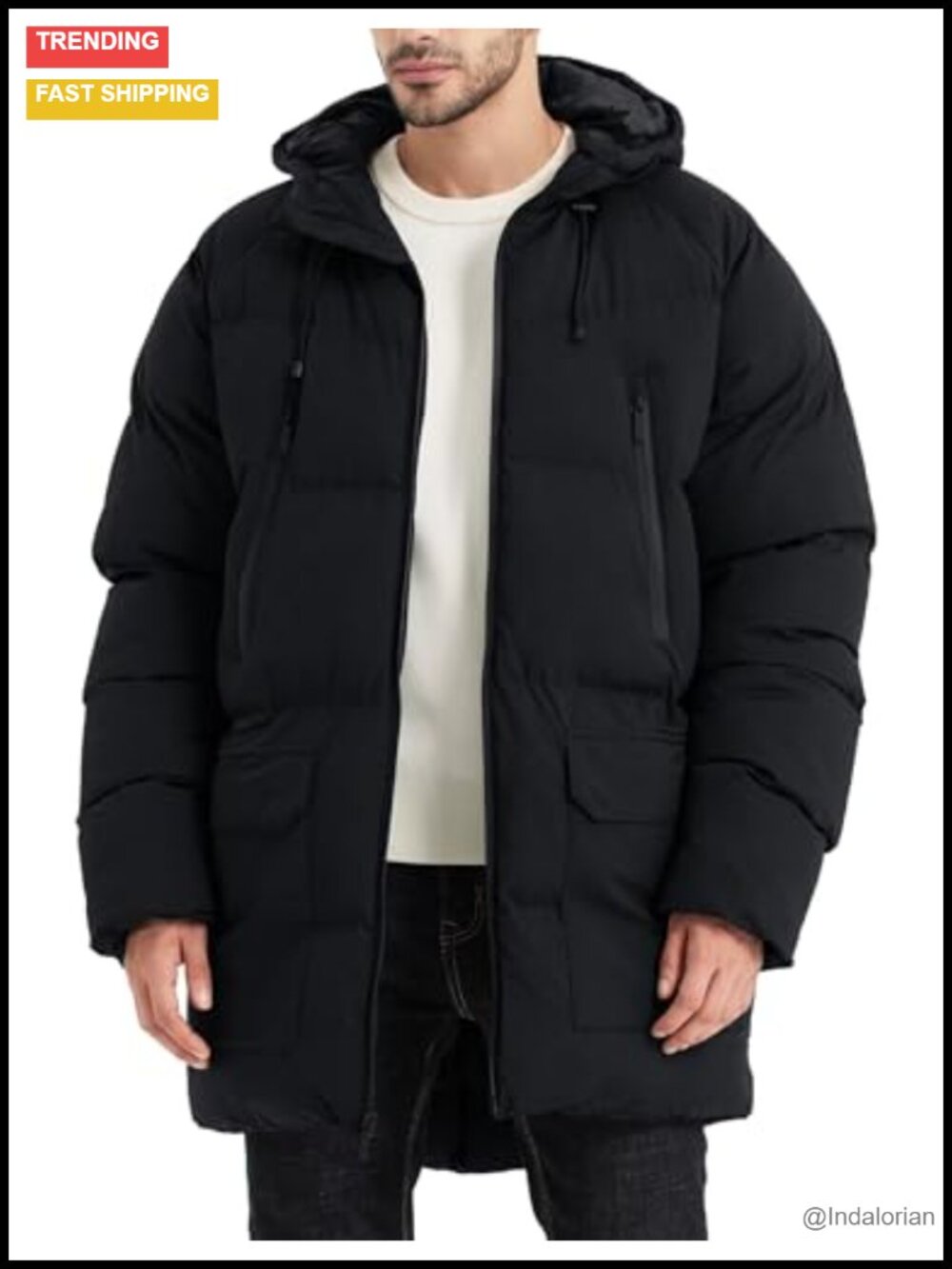 Men's Quilted Long Winter Parka Coat Hooded Water-Resistant Jacket